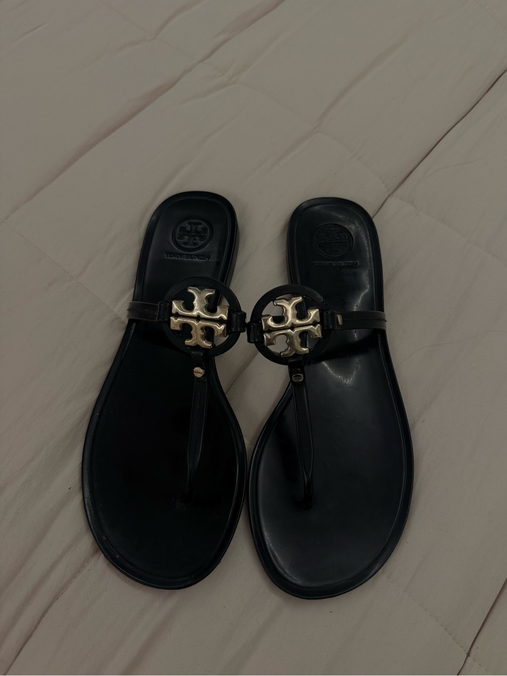 Tory Burch Black Sandal with Gold Logo Medallion
